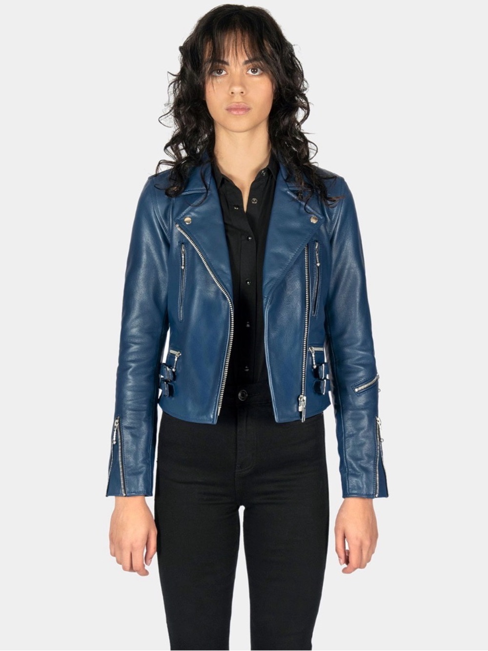 Straight To Hell Women’s Blue Leather Motorcycle Jacket - Picture 5 of 7